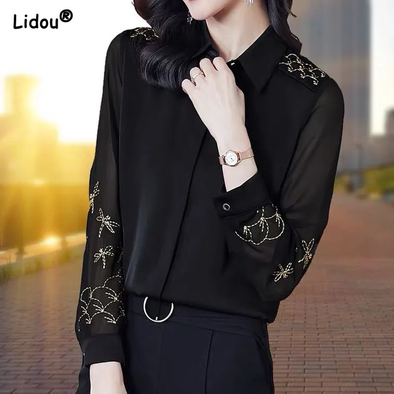 

Fashion Elegant Embroidery Mesh Long Sleeve Shirt Spring Autumn All-match Solid Color Polo-Neck Button Blouse Women's Clothing