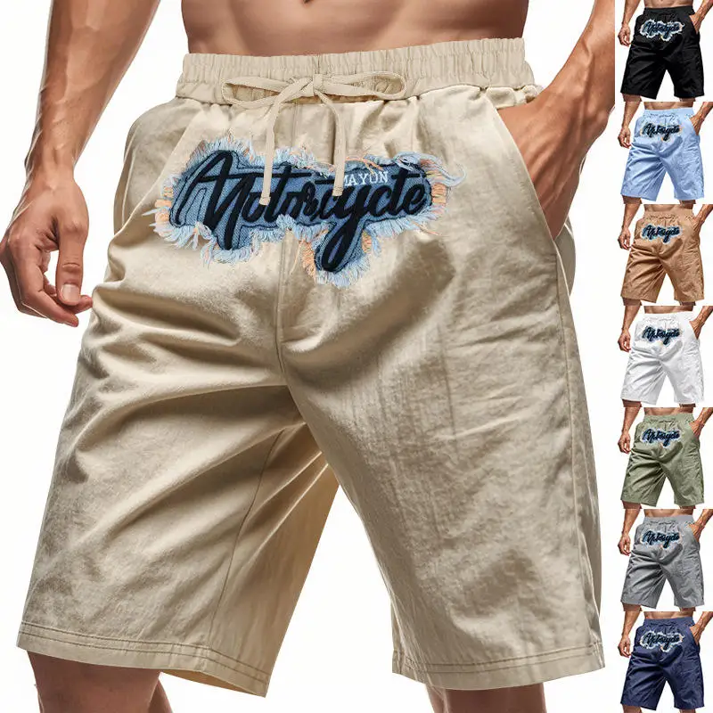 

Мужские летние шорты свободного кроя в американском стиле хип-хоп, легкие, льняные, дышащие, для пляжа и спорта, повседневные, с вышивкой