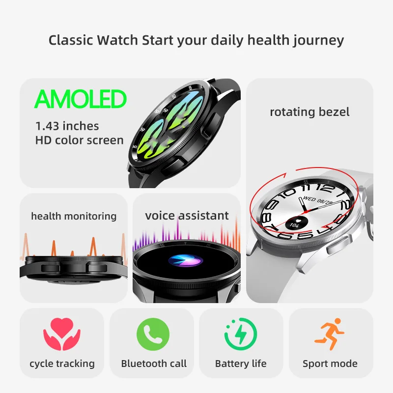 JS Watch 6 Max AMOLED Smart Watch Rotating Bezel 1.43 Inch Dual Buttons Men Bluetooth Wireless Charging Smartwatch Sports Women