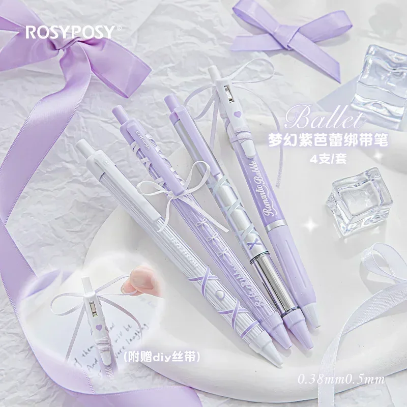 4pcs/box Sweet Ballet Series Gel Pen for Girl Chic Korean Pink Blue Color Bow Ribbon Stationery Gel Pen Cute Pen for Writing