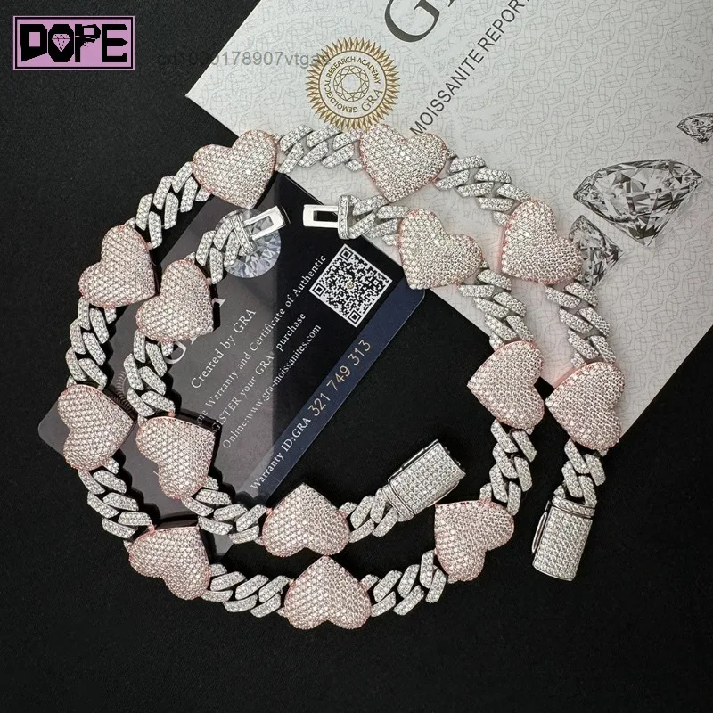 Design New Iced Out VVS 10mm Hiphop Heart Cuban Necklace 925 Sterling Silver Dazzling Moissanite Cuban Chain