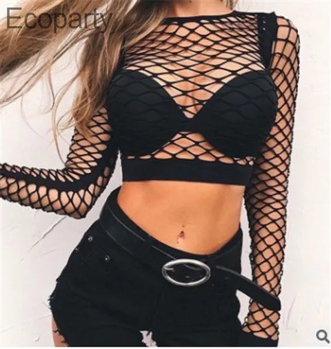 Women\'s Slim High Waist Hollow Perspective Fishnet Vavel T-shirt Ladies Mesh Short Tops Large Size Disco Club Clothes For Female