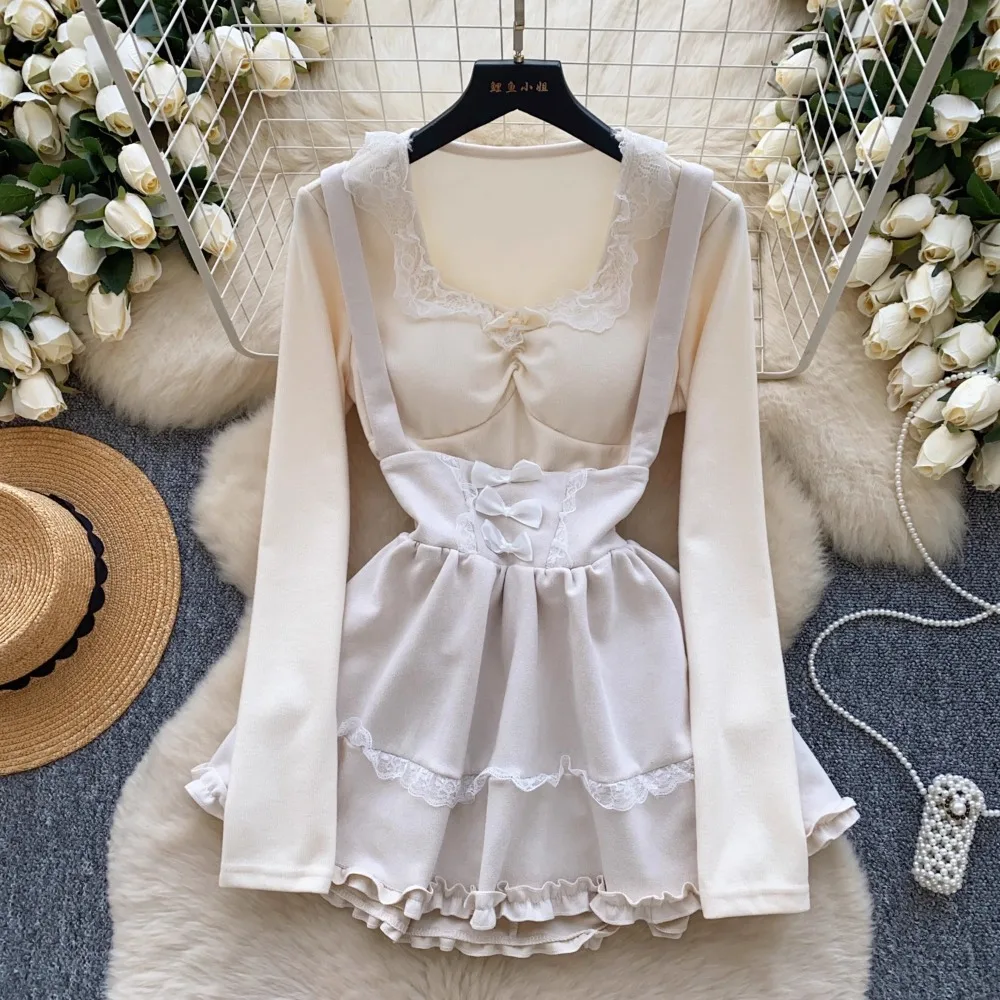 

Сексуальное элегантное бальное платье-комбинация с бантом-бабочкой, винтажное кружевное шикарное топ с длинными рукавами, уличный осенний комплект из двух предметов