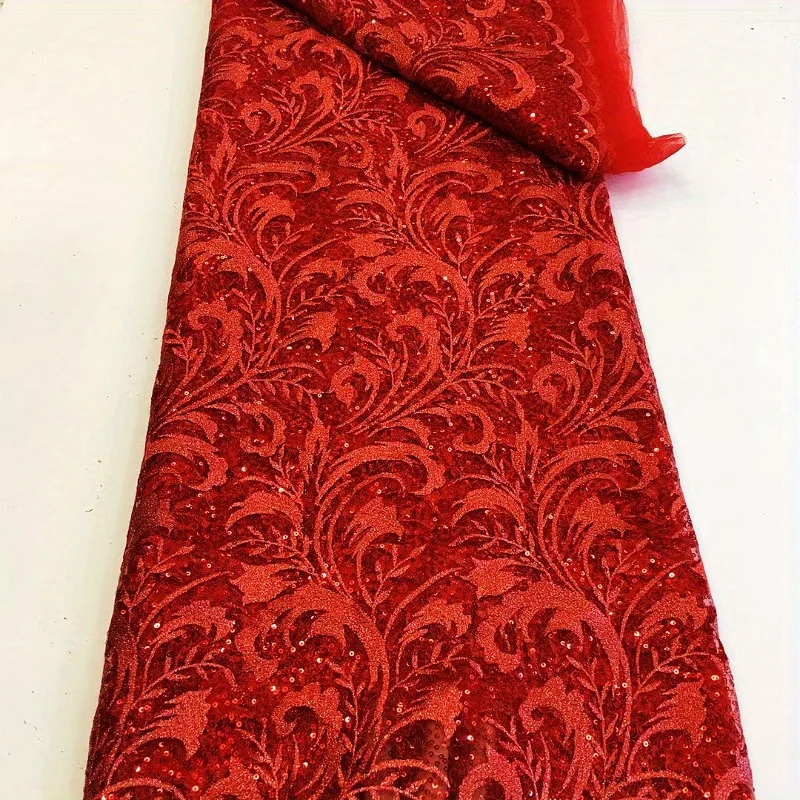 

High Quality Black African Lace Fabric with Sequin Red Green French Mesh Fabric for Sewing Women Wedding Party Dresses 5yards