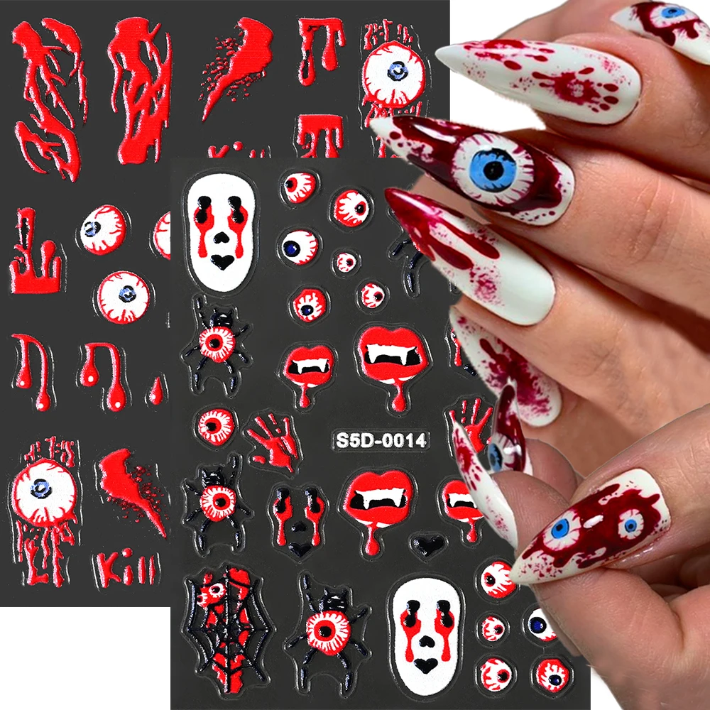

5D Halloween Bloody Eyeball Terror Spider Nail Sticker Big Red Lips Pumpkin Ghost Hand bones Nail Art Slider Decals Manicure Dec