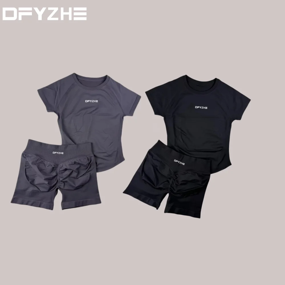 

DFYZHE Impact Sports Suit Round Neck Short Sleeve Seamless Yoga Top Fitness Suit Fitness Running Shorts Boxing Sports Set