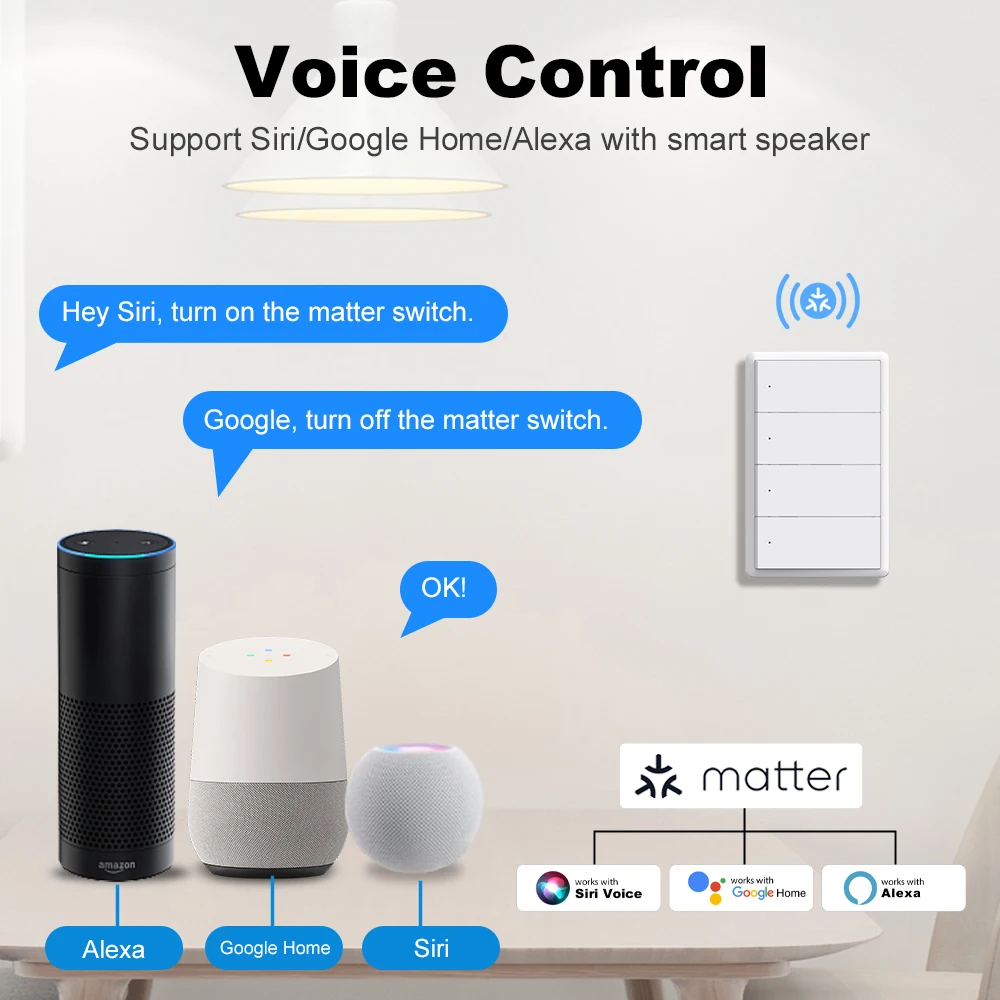Interruptor de luz inteligente WiFi Manhot Matter de 1, 2, 3 o 4 bandas, requiere neutro, compatible con Smart Life, fun