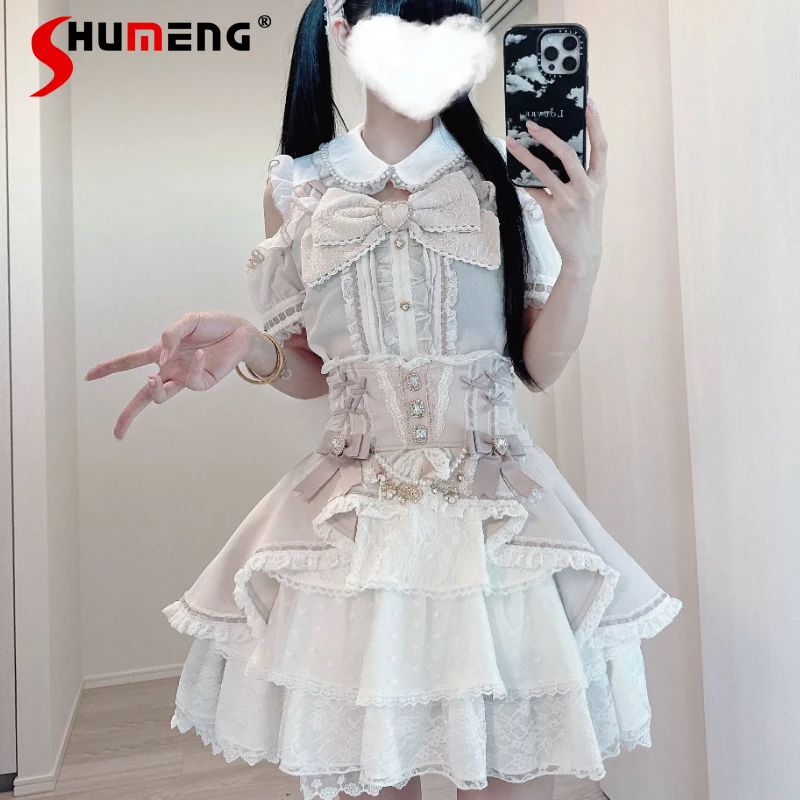 

Japanese Liz Skirt Autumn New Girls Sweet Cute Bow Pearl Chain Princess Short Skirts Women's Mine Mass-Produced Pleated Skirt