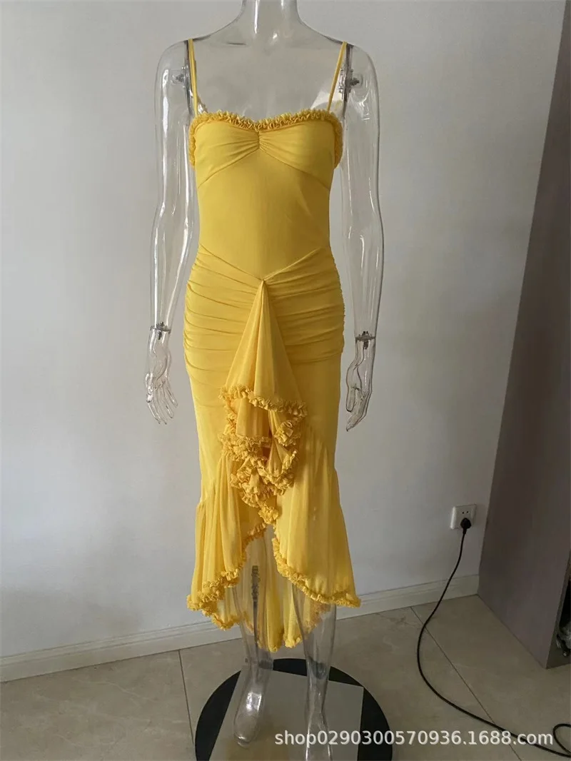 Yellow Sexy Women Prom Dress Strap Sleeveless Party Gown Long Robes Sheath Slim Fit Formal Birthday Guest Dinner Evening Gown