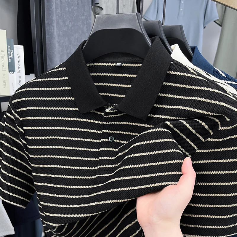 Light luxury striped short sleeve men's polo shirt fashion new summer casual T-shirt high-quality breathable comfort lapel top