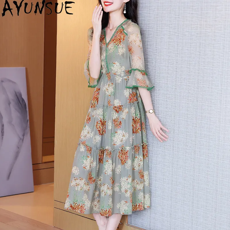 AYUNSUE 100% Real Mulberry Silk Summer Dress Elegant Dresses for Women Fashion Long Dress Female Clothing Floral Vestido Mujer