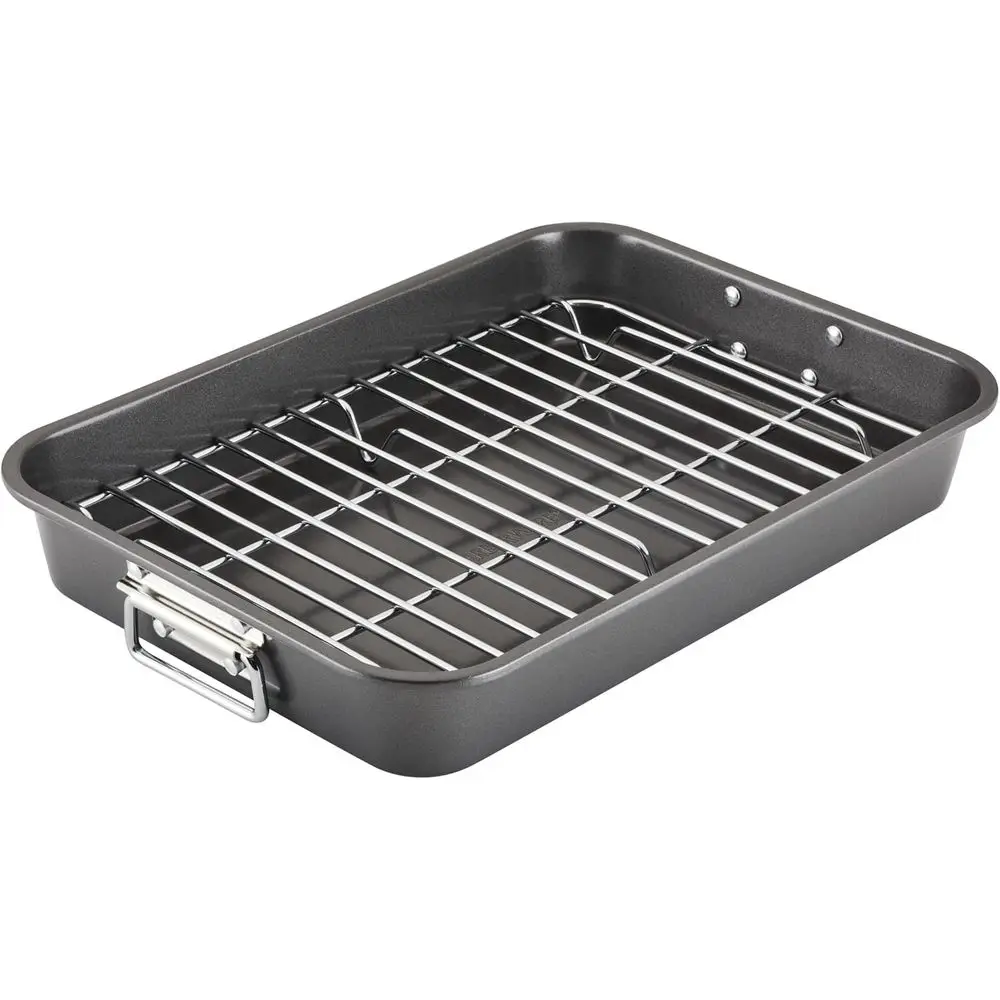

arberware Bakeware Nonstick Steel Roaster with lat Rack, 11-Inch x 15-Inch, Gray