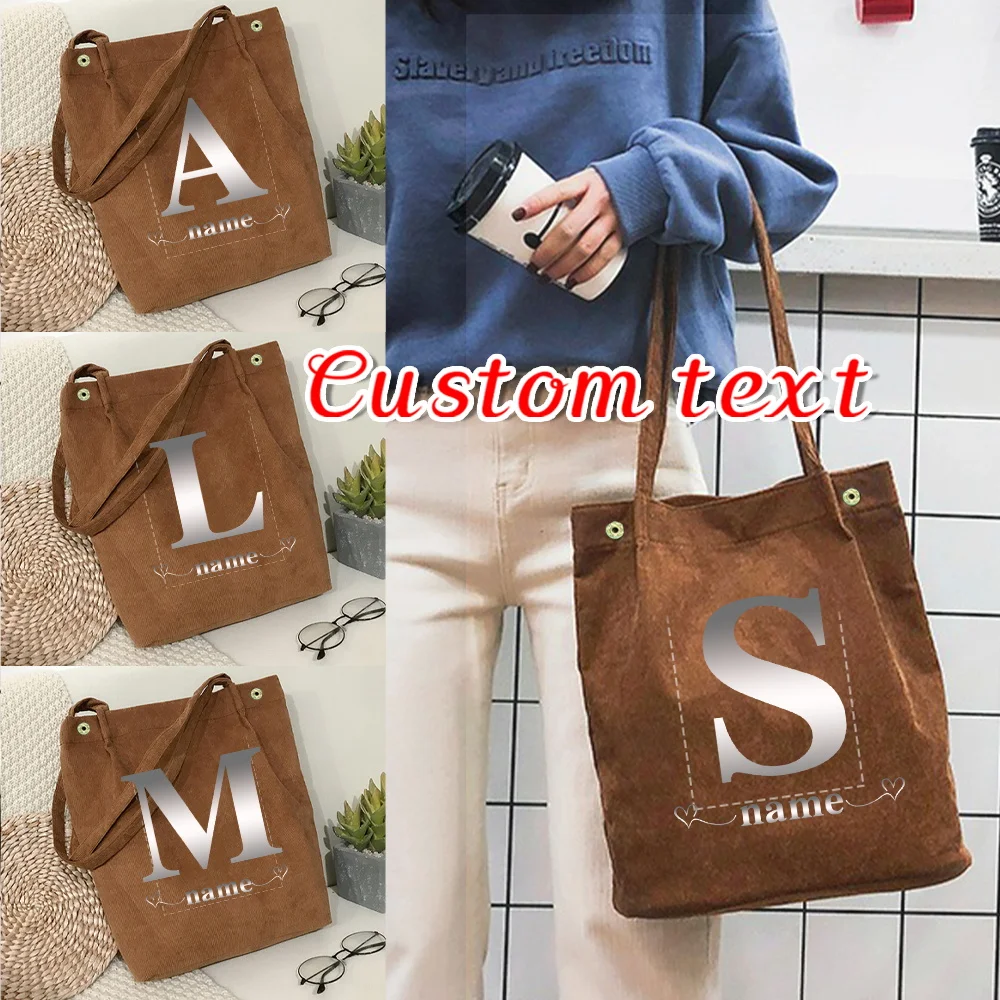 

Personalized Customized New Women's Corduroy Brown Shopping Bag Fashion Canvas Shoulder Bag Storage Handbag Letter Series