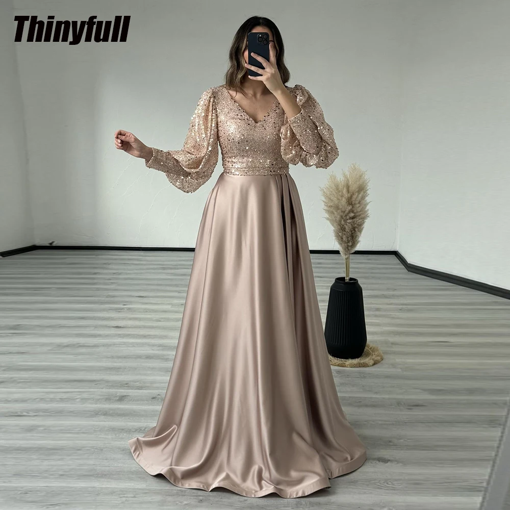 Thinyfull A-line Shiny Prom Dresses V-neck Puffy Sleeves Satin Sequined Evening Party Gowns Long 2024 Formal Occasion Dress