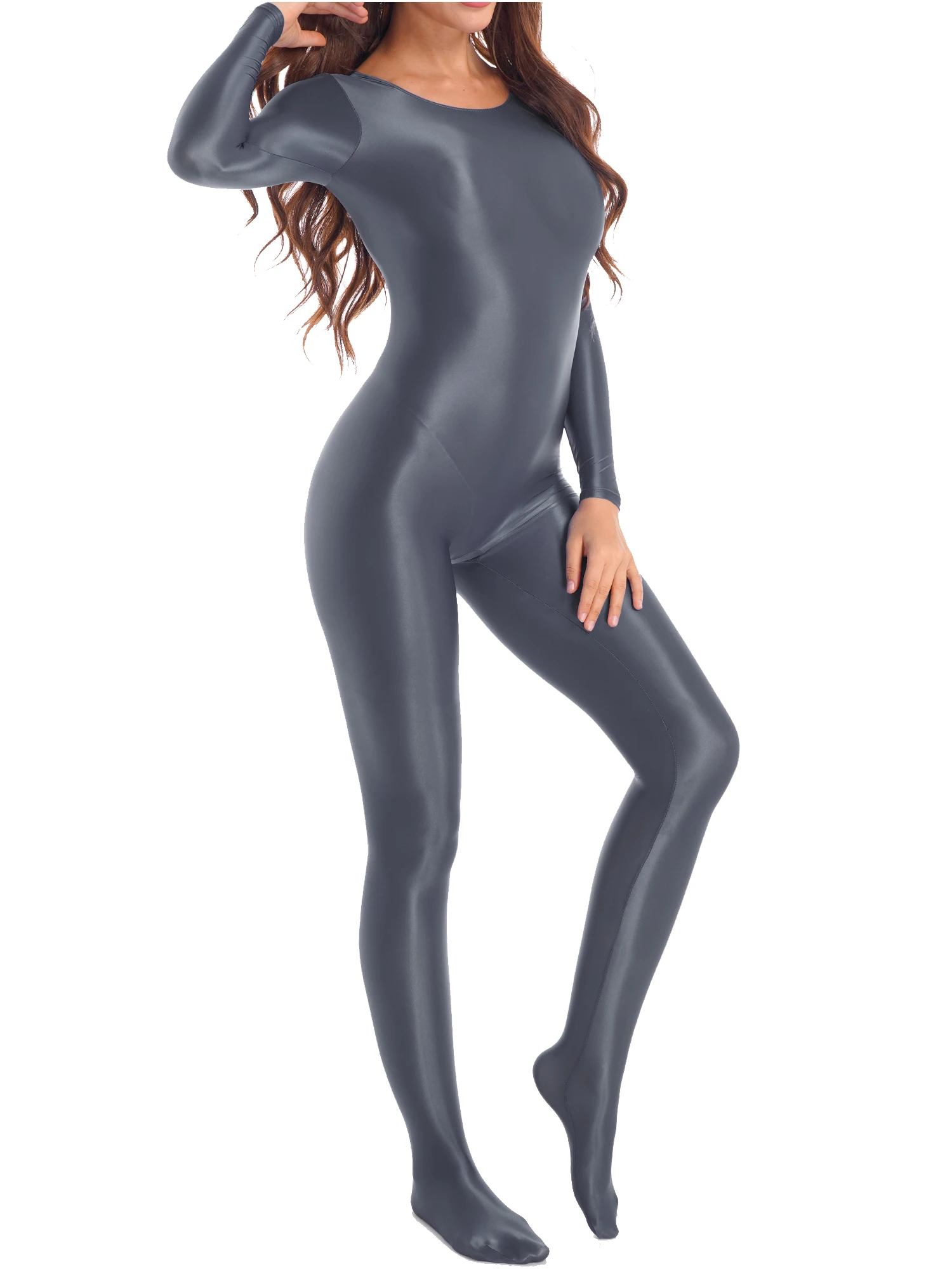 FEESHOW Womens Smooth Long Sleeve Bodystocking Nightwear Solid Color Round Neck Bodysuit Workout Sportswear