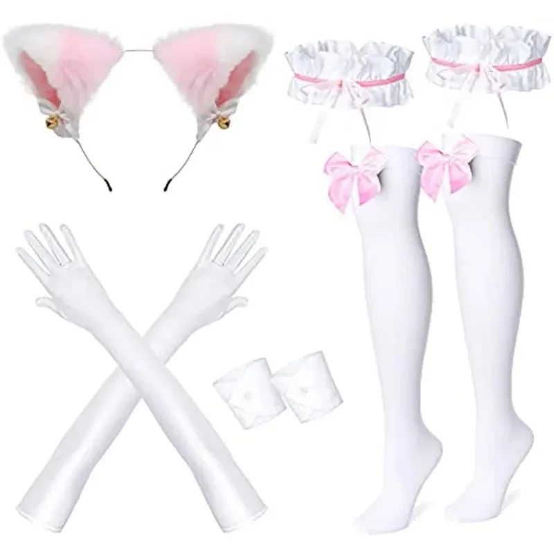 Anime French Maid Apron Lolita Fancy Dress Cosplay Costume Furry Cat Ear Gloves Socks Set
