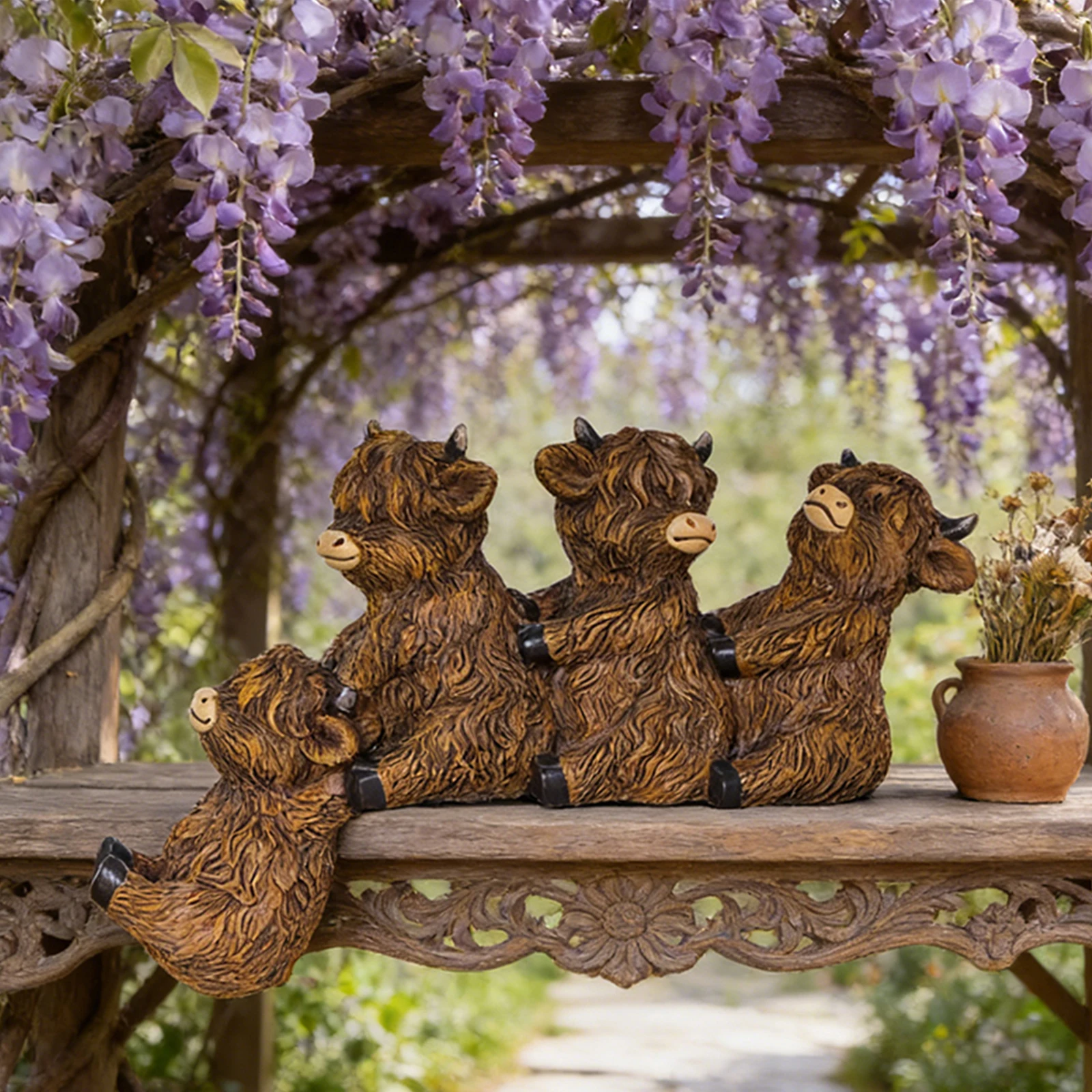 Four Stacked Highland Cow Sculptures Outdoor Garden Lawn Courtyard Terrace Decorative Statues Landscape Gifts