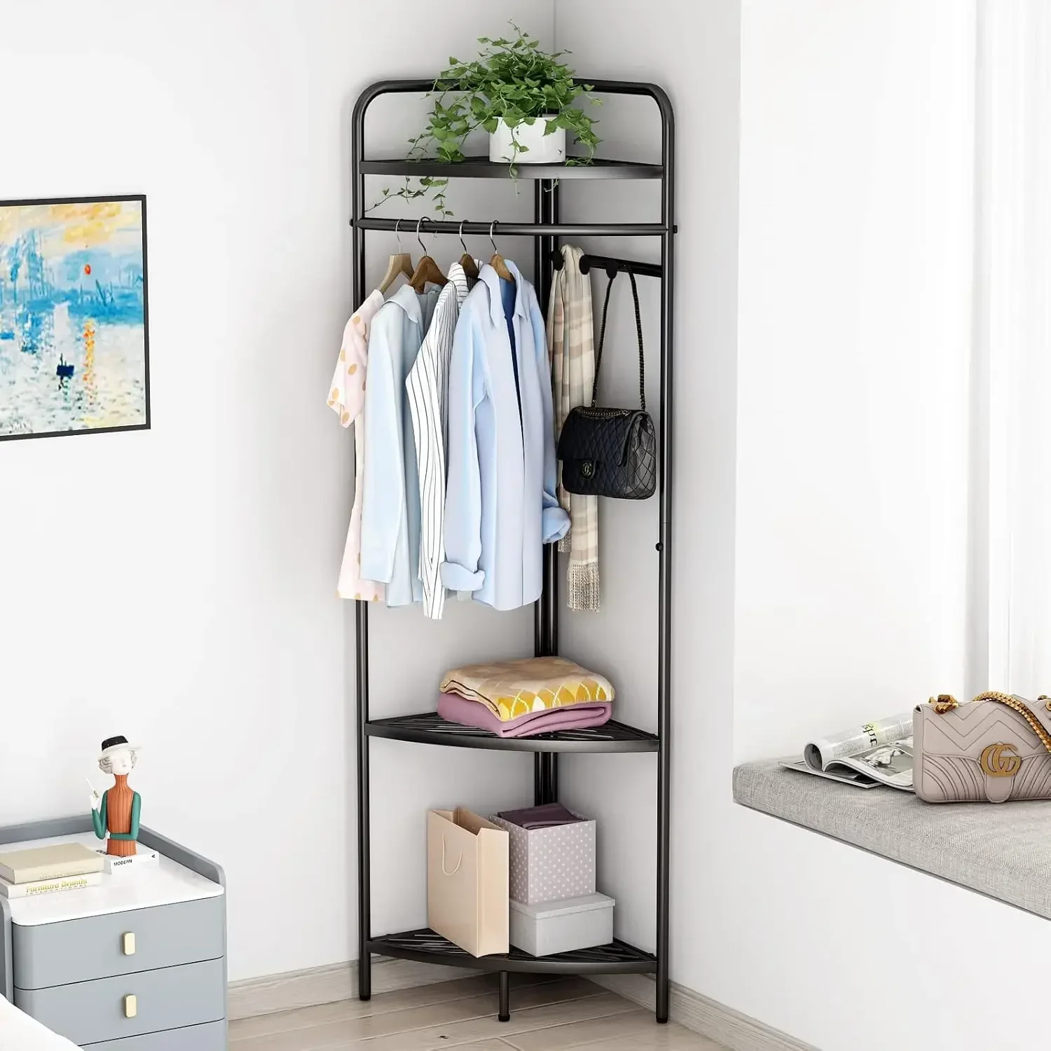 

Corner Black Clothing Racks Freestanding, Metal Black Coat Racks with Hooks, Heavy Duty Modern Clothes Rack with 3 Tier Storage