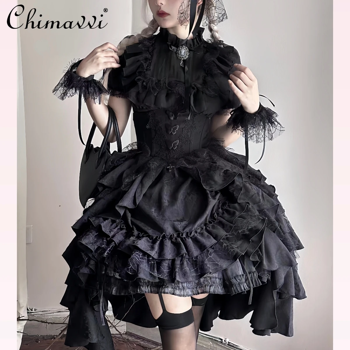 Halloween Goth Skirt Set New Spring Autumn Lolita Lace Splicing Short-sleeved Shirt Lift Skirt 2-piece Set Girl Womens Outfits