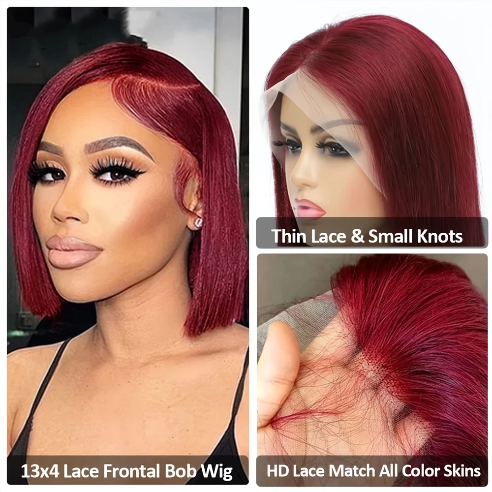 13x4 Silk Straight 99J Burgundy Bob Wigs Human Hair Lace Frontal Wig Preplucked With Baby Hair HD Lace Wigs Human Hair Full Lace