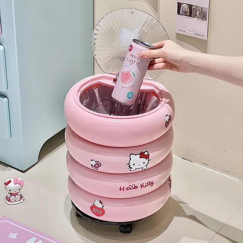Sanrio Cute Hello Kitty Round Double-Layer Rolling Trash Can Dust-Proof Odor Isolation Flip Lid Flip Lid Household Waste Bin view 3