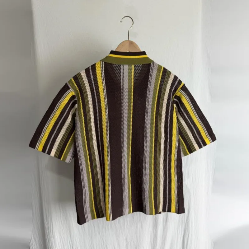 HKSH Summer New Men Tide American Retro Dark High Street Hollow-Out Knitted Cardigan Shirts Striped Turn-Down Collar Ins HK21084