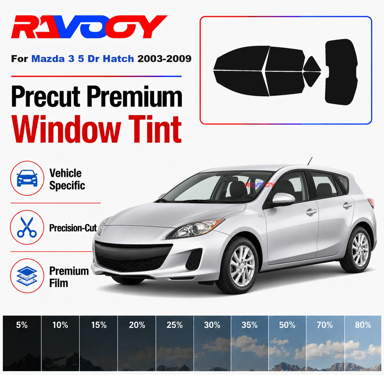 

Premium Precut Window Tint Kit Front Rear Windows Rear Windshield For Mazda 3 5Dr Hatch 2003-2009 Complete Set Nano Ceramic Film