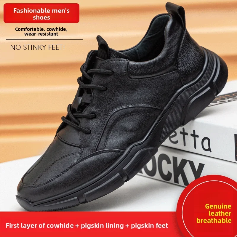 High Quality Men's Comfortable Sneakers 2026 Lace-up Running Shoes Business First-layer Cowhide Low-top Round Head Casual Shoes