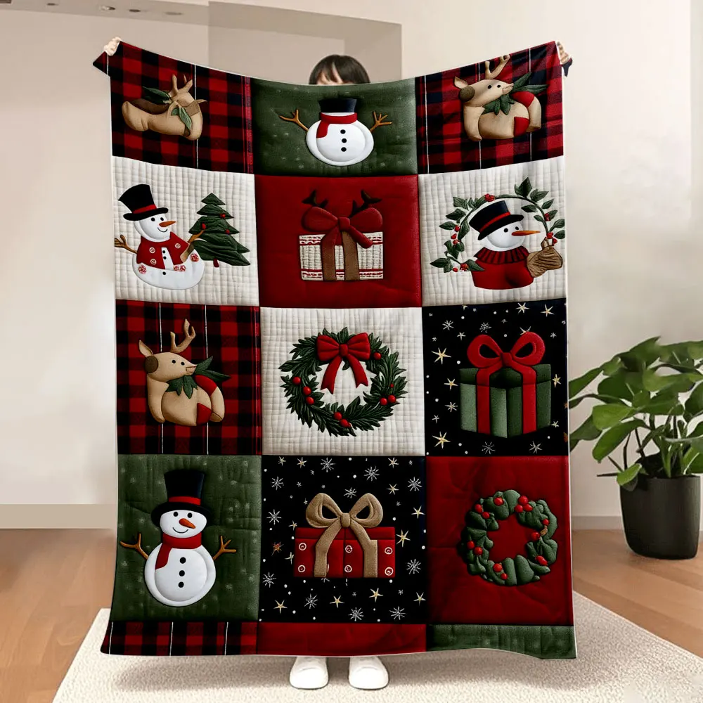 Christmas Quilt Patchwork Blanket - Festive Reindeer, Snowmen, Gift Boxes & Holly Wreaths in Red, Green, Black, White; Soft Cosy