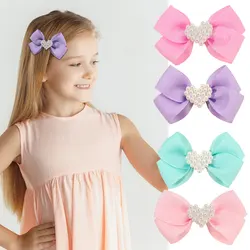 2Pcs Elegant Ribbon Bow Hair Clips Sweet Pearl Hairpin Kids Bowknot Barrettes Headwear Girls Hair Styling Accessories