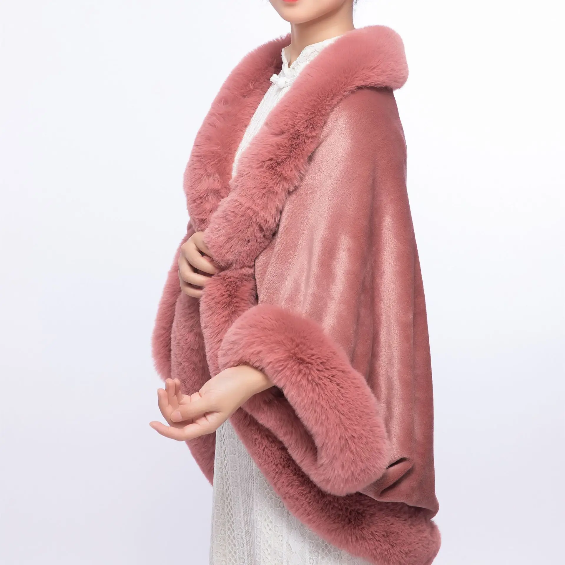 Women Winter Thick Warm Outdoor Cloak Faux Rabbit Fur Knitted Long Batwing Sleeves Overcoat Loose Poncho Wedding Wrap Capes