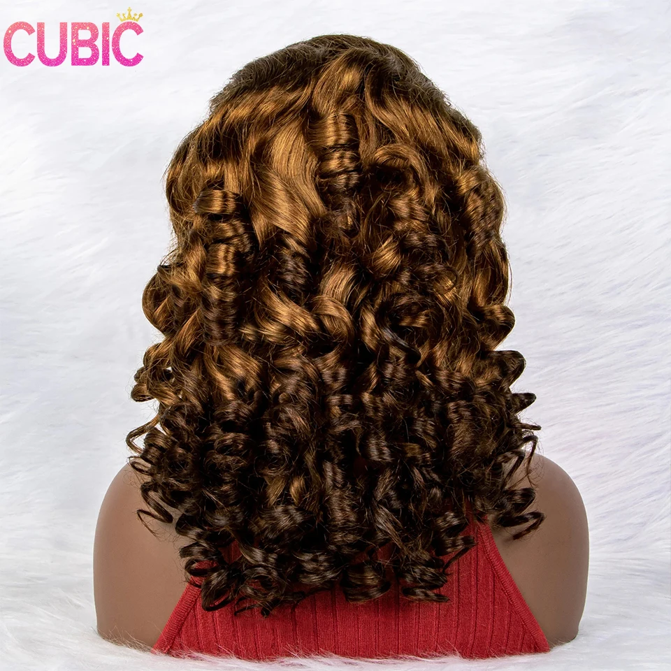 CUBIC Bouncy Curly Highlight Ombre Spring 13x4 Lace Front Human Hair Wigs 250 Density For Women Real Wave Frontal Virgin Wig