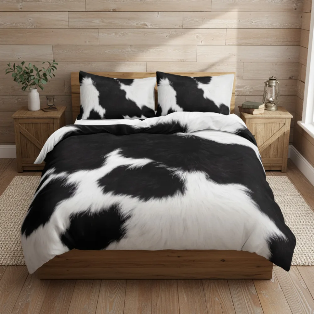 Cow Print Bedding Set Animal Black White Brown Duvet Cover Set Premium Soft Bed Linen Kit for Bedroom Decoration