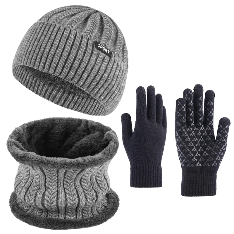 1set/3pcs Men\'s Gray Beanie Scarf And Gloves Set With Small Letter Jacquard Elastic And Warmth For Autumn And Winter