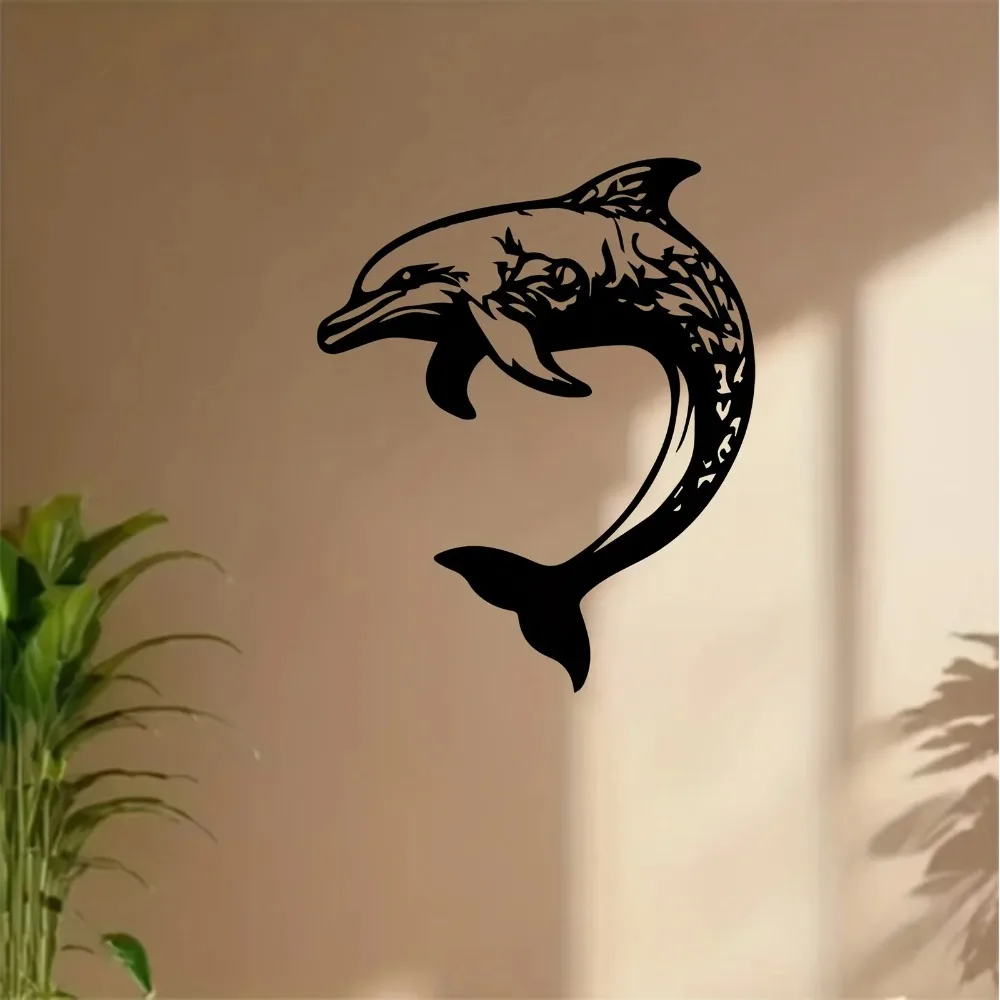 CIFBUY Modern Dolphin Metal Wall Art Dynamic Leaping Sculpture Weather Resistant Iron Ocean Mural Coastal Beach Home Decor