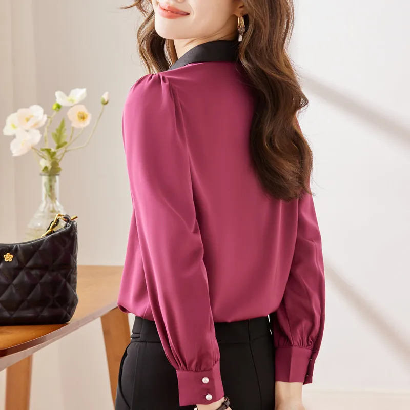 NAVIU 2023 Autumn New Rose Red Shirt Women High End Fashion V Neck Temperament Casual Formal Blouses Office Lady Work Tops White