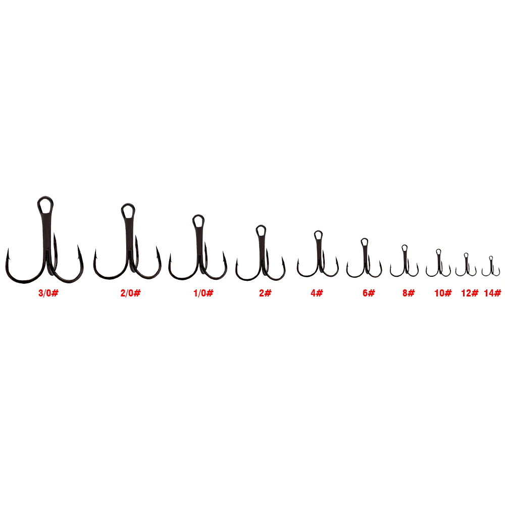 PROBEROS 20 PCS/Lot Black High Carbon Treble Hooks Super Sharp Solid Size 2#-14# Triple Barbed Steel Fish Hook Wholesale image 6