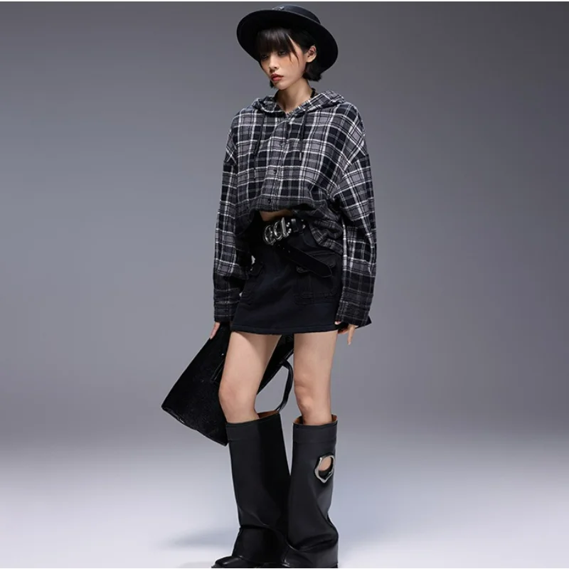 Women Autumn Hooded Shirts Gradient Cotton Long-sleeved Plaid Blouses  American Street Loose Trend Casual Tops Clothing Female