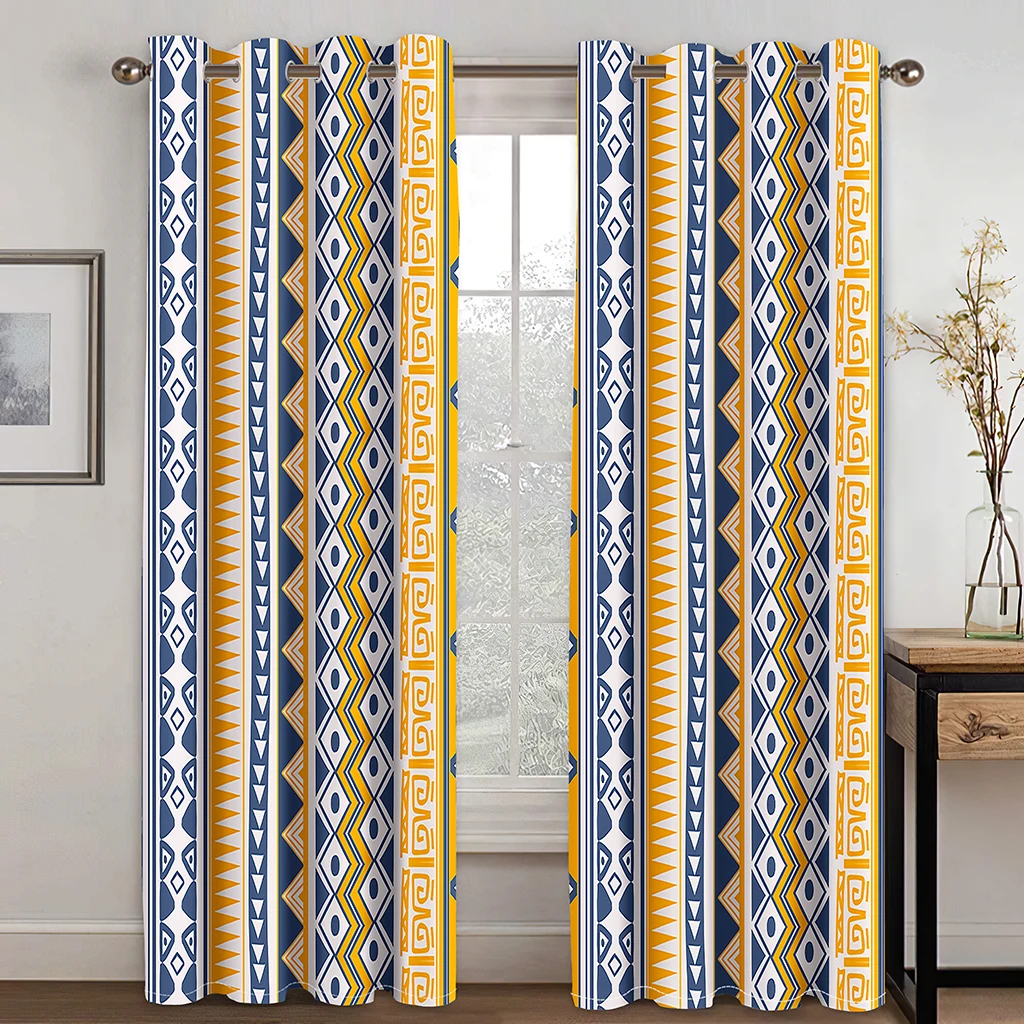 

Ethnic Geometric Curtains Blue Yellow Tribal Print Drapes Nordic Living Room Bedroom Pattern Decor Curtains 2 Panels Set