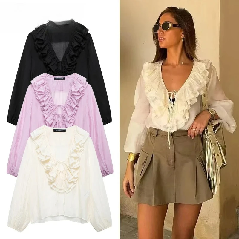 Ruffle Blouses for Women Semi Sheer Casual Blouse Woman Pleated Summer Shirts and Blouses Women Long Sleeve Women Top