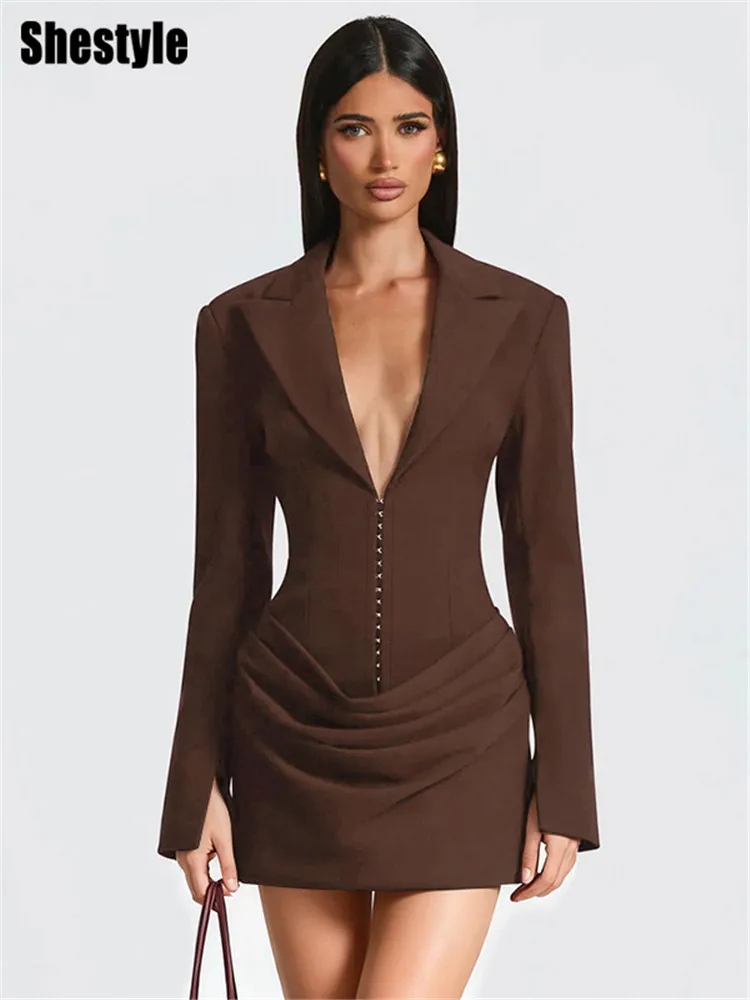 Shestyle Claret-vestido elegante para mujer, vestido de oficina con escote en V profundo, corte en A, manga larga, cuello tipo Polo, hombreras fruncidas 2026