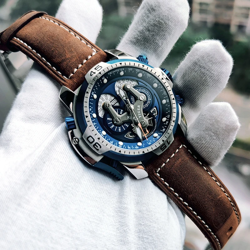 ريف النمر/RT العلامة التجارية الانتهاء التقويم الساعات الرياضية للرجال ارتفع الذهب الأسود الهاتفي براون حزام من الجلد ساعات أوتوماتيكية RGA3503