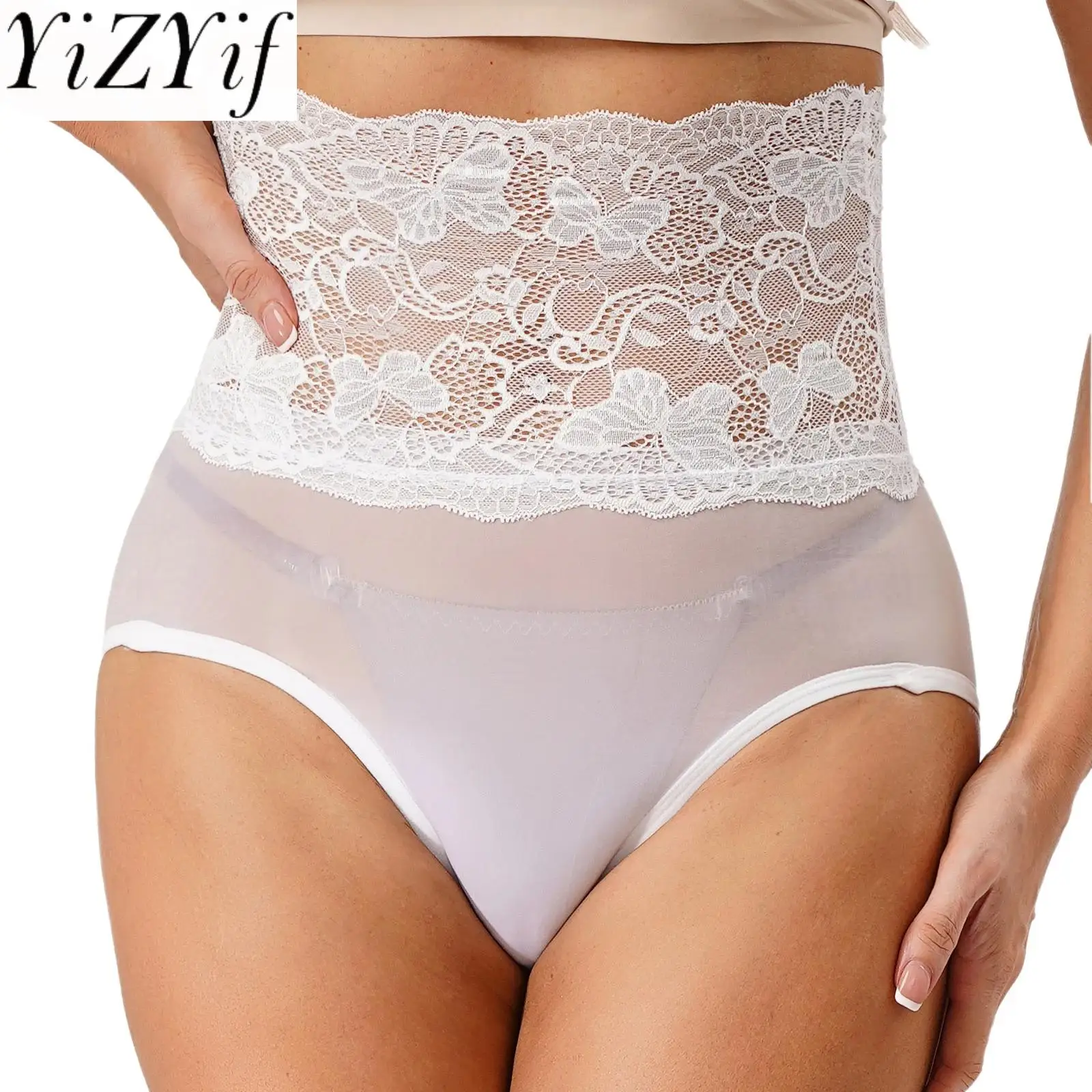 

Women Sissy Floral Lace High Waist Underwear Briefs Glossy Sheer Mesh Tempting Briefs for Lingerie Night Bedtime Honeymoon