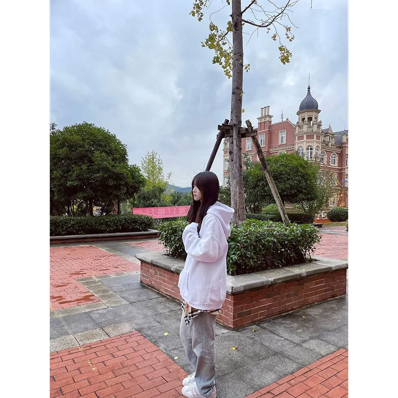 Sweat à capuche doublé Chic Hong Kong Sle Fce pour femme, sweat-shirt Long décontracté, confortable, coupe ample, printemps automne hiver