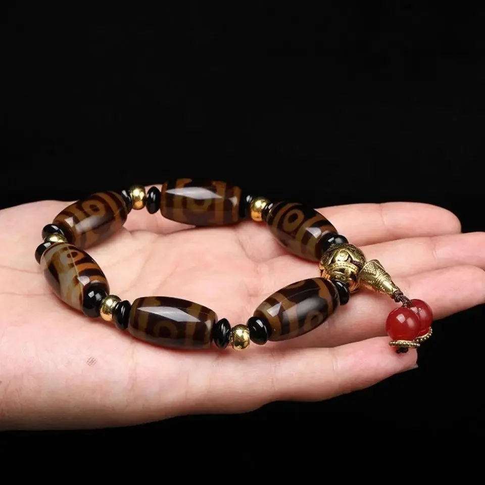Natural Agate Dzi Beads Bracelet Men Women Fine Jewelry Genuine Tibetan Buddhism Fengshui Agate Three Eyes Dzi Bead Bracelets