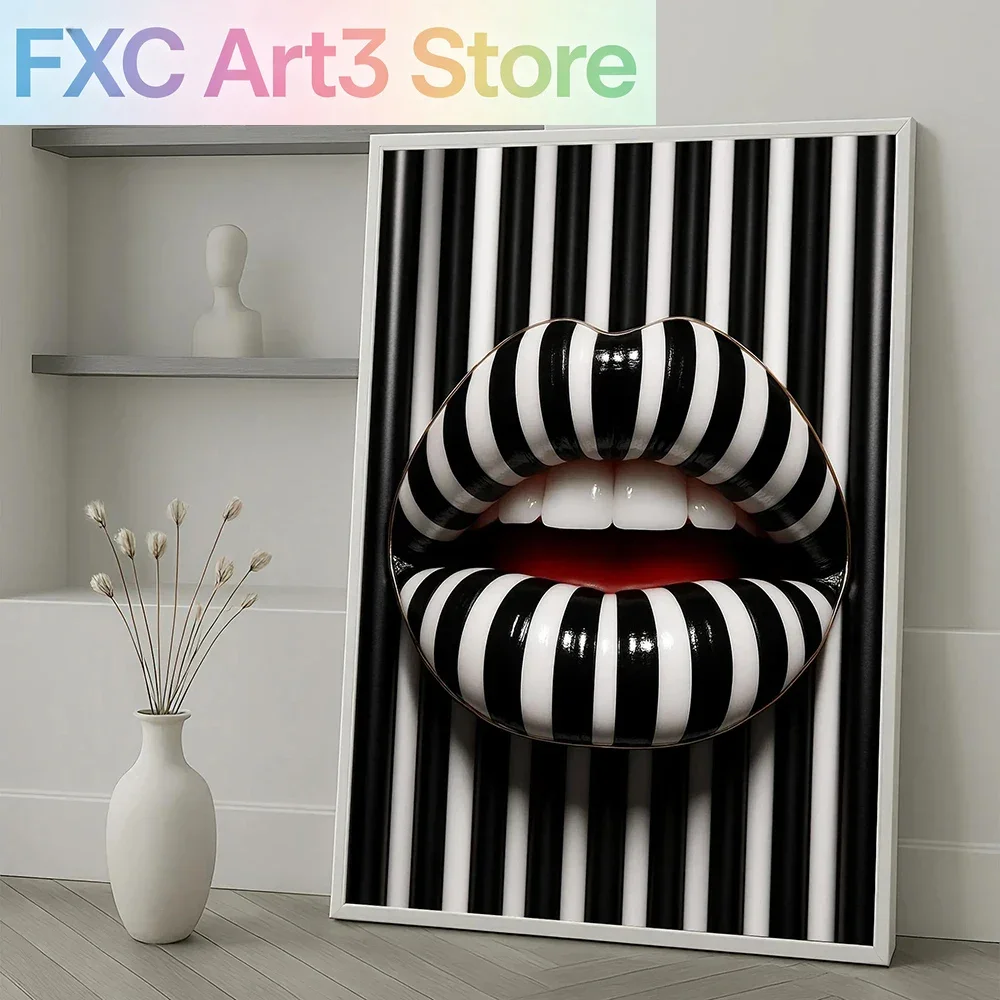 1pc frameless Striped Lips Canvas Painting Black White Pop Wall Art Bold Abstract Lip Picture Modern Fashion Home Decor Canvas P