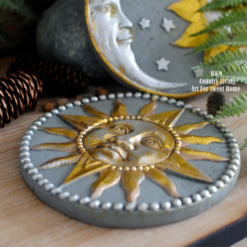 Retro Cement Material Garden Decoration Hand Painted Gold Color Sun Moon Wall Plate Home Decorative Crafts Figurines