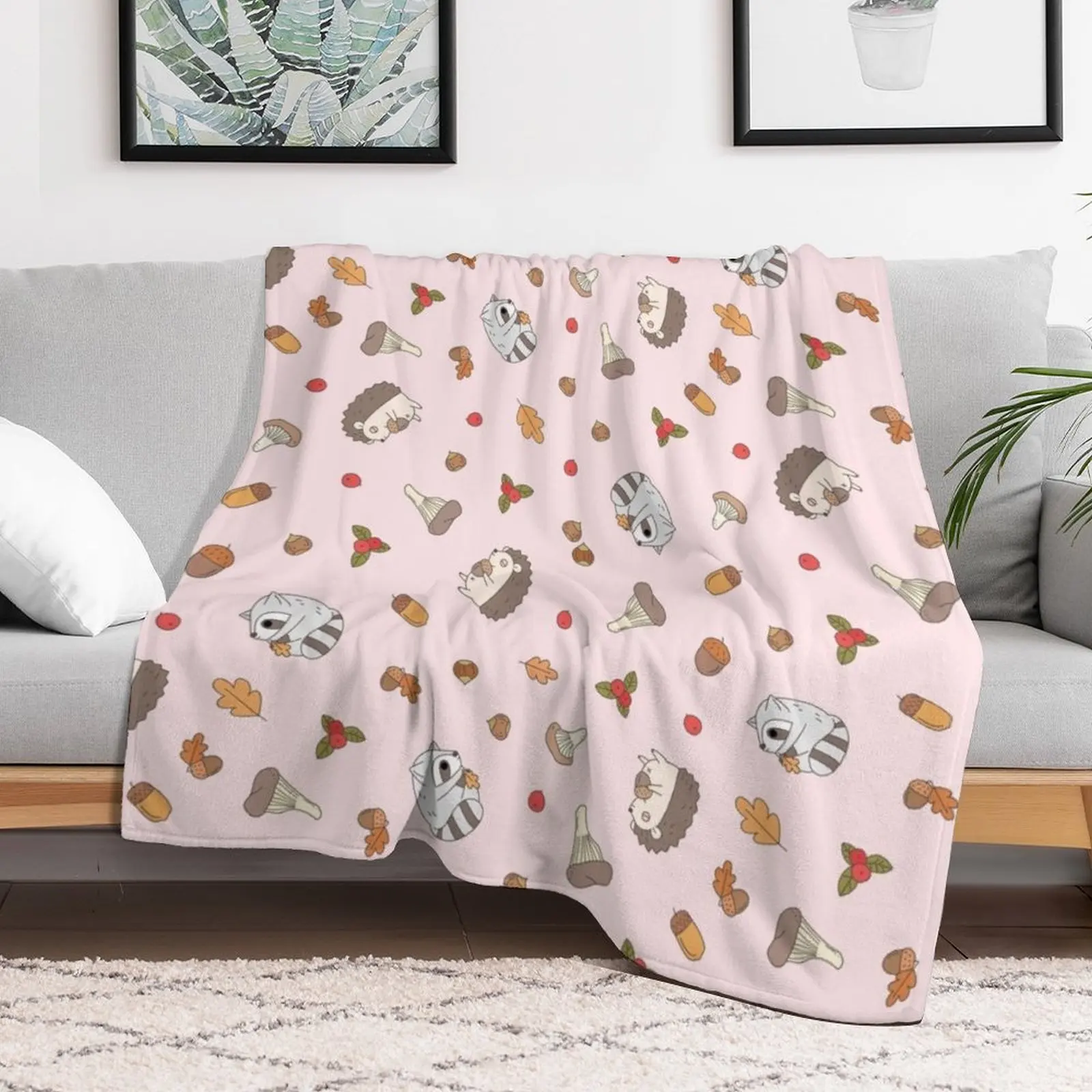 woodland animals pattern, hedgehog and raccoon pattern Throw Blanket Decorative Soft Throw Blanket for Couch Sofa