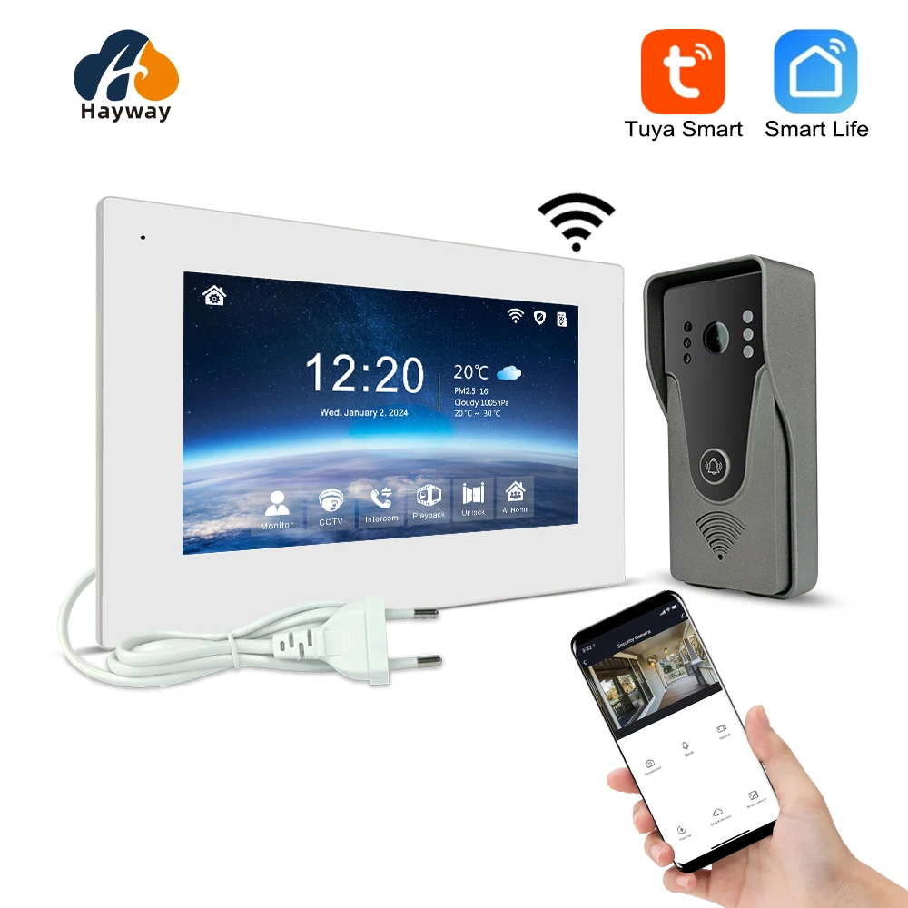 1080P home  intercom system,7” IPS FHD screen and metal shell doorbell, mobile detection, image storage, TUYA wireless doorbell