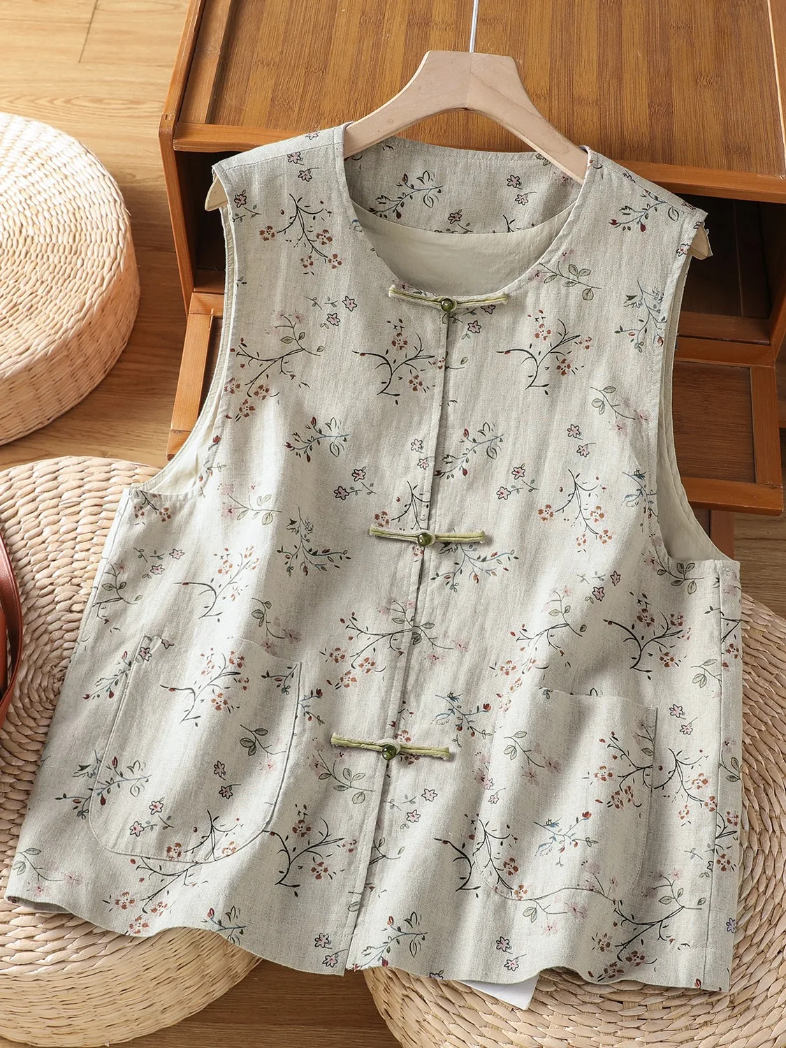 Retro Chinese Floral Cotton Linen Open Cardigan Women's Summer Layering round Neck Button up Sleeveless Top Slimming Vest